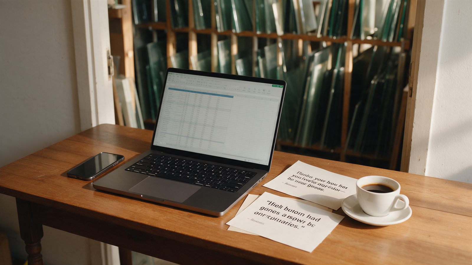Notebook com planilha aberta ao lado de um celular na mesa do escritório de uma vidraçaria