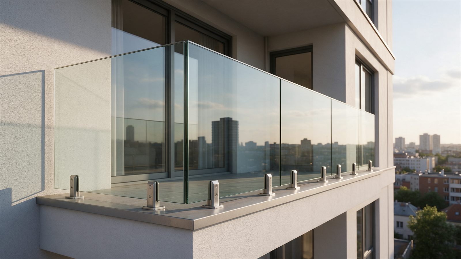 Guarda-corpo de vidro laminado instalado na sacada de um apartamento, com fixação em aço inox